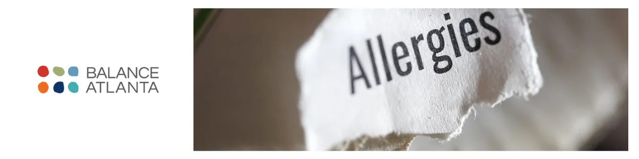 Balance Atlanta logo on the left and a torn paper label reading 'Allergies' in close-up on the right
