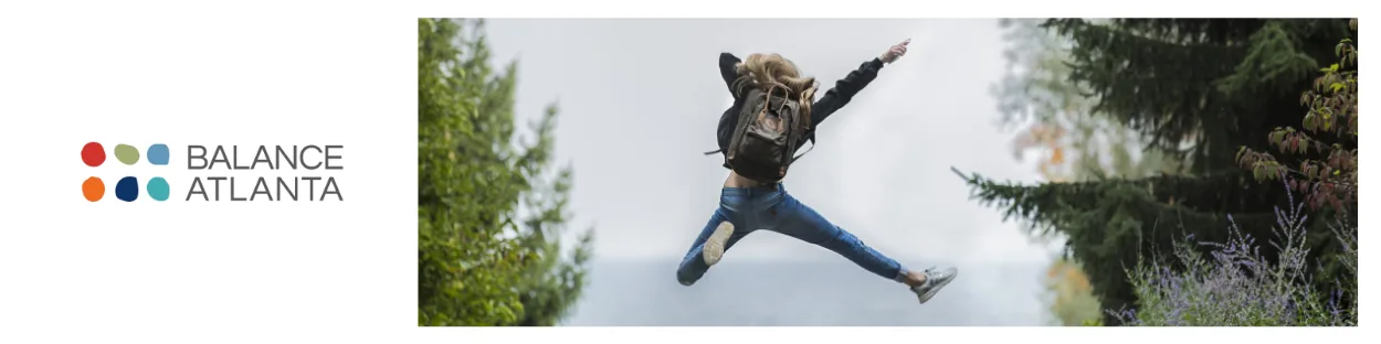 Balance Atlanta logo on the left and a person wearing a backpack jumping mid-air with arms outstretched between tree-lined edges.