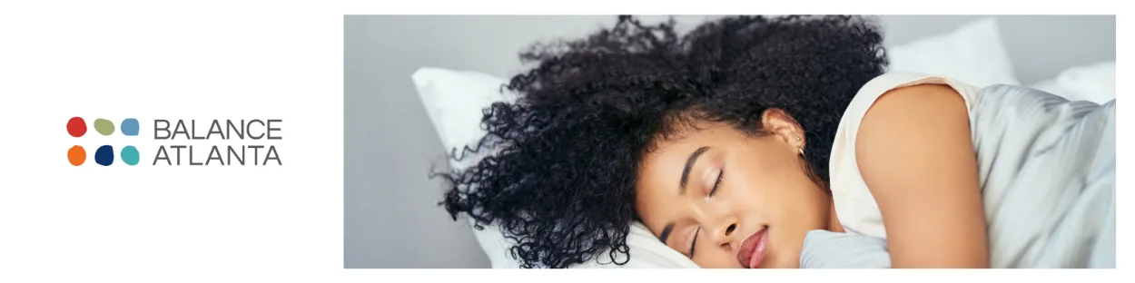 Balance Atlanta logo at left and a person sleeping on a pillow at right