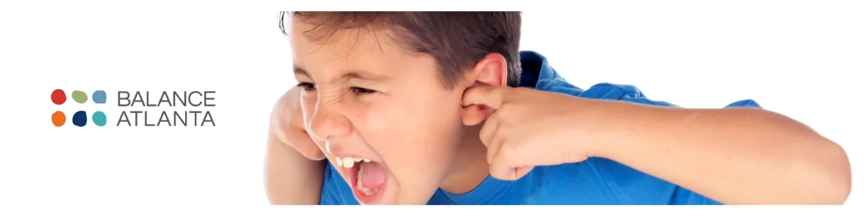 Child covering their ears and shouting beside the Balance Atlanta logo