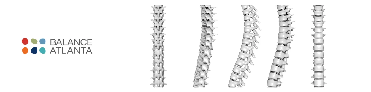 Balance Atlanta logo beside five grayscale spine illustrations showing different views and curvatures on a white background