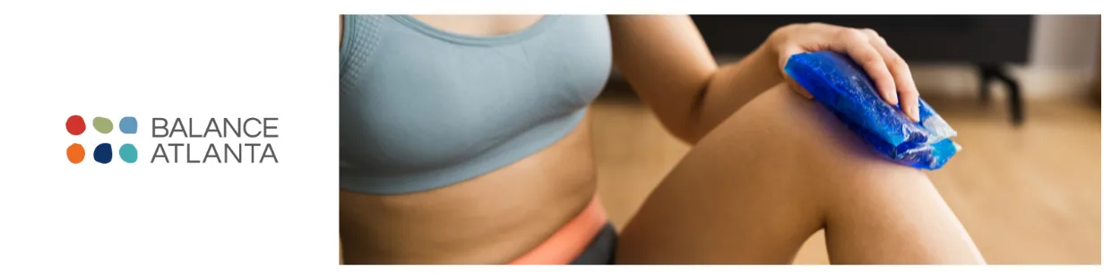 Balance Atlanta logo on the left and a person in activewear applying a blue ice pack to their knee.