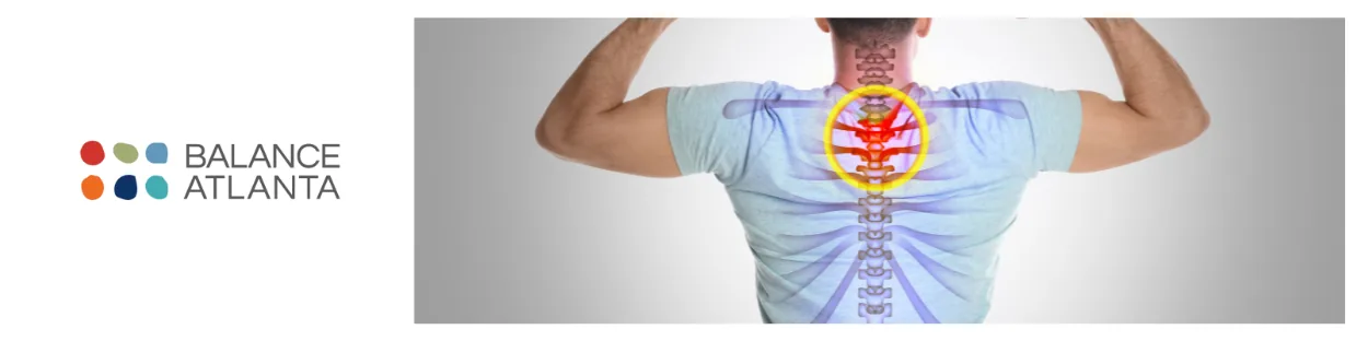Person seen from the back raising both arms with a translucent spine overlay and a red-highlighted area circled at the upper back; Balance Atlanta logo at left.