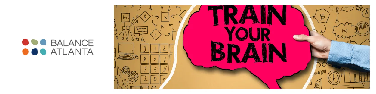 Balance Atlanta logo at left; hand holds a pink brain-shaped sign reading 'TRAIN YOUR BRAIN' over a brown doodle background.