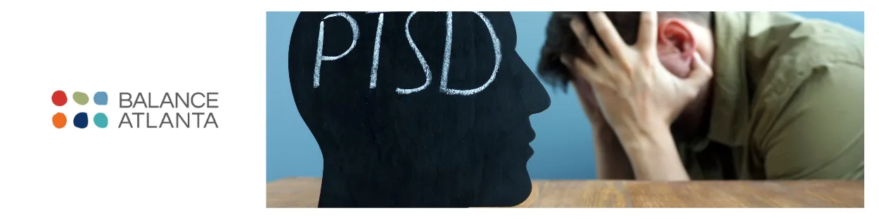 Balance Atlanta logo at left, chalkboard head silhouette labeled "PTSD" in center, and a man holding his head in his hands at right.