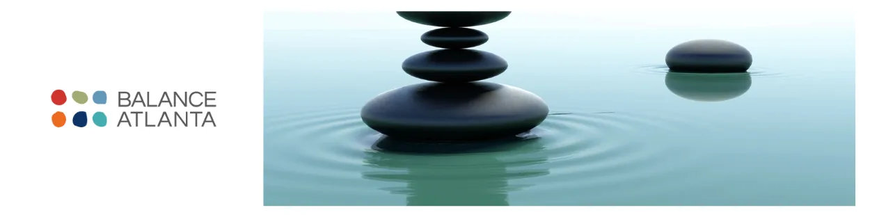 Balance Atlanta logo at left with stacked black spa stones on calm water creating ripples to the right