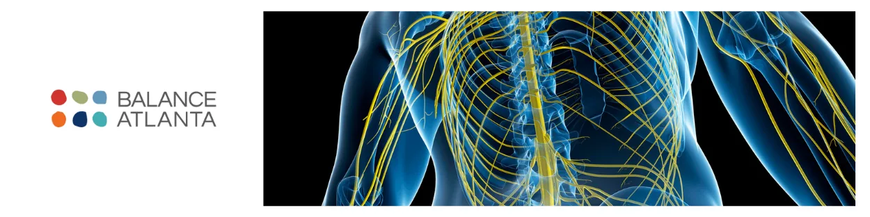 Illustration of an upper torso and spine with yellow nerves highlighted, alongside the Balance Atlanta logo on a white background.