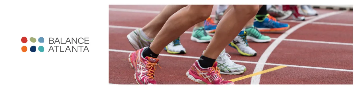 Balance Atlanta logo at left with a close-up of runners' feet and sneakers on a track starting line at right.