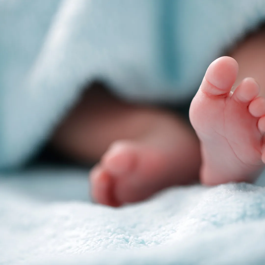 Close-up of a baby's feet resting on a soft blanket