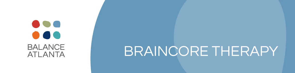 Balance Atlanta logo at left with large "BRAINCORE THERAPY" text on a blue abstract background