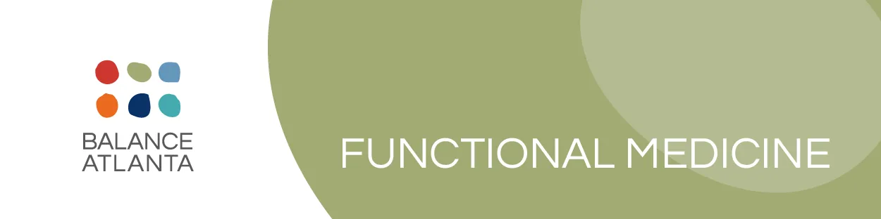 Balance Atlanta logo at left and the words 'Functional Medicine' on an olive-green curved background.