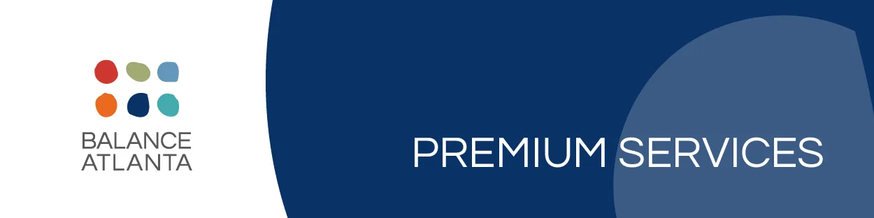 Balance Atlanta logo at left beside a dark-blue banner with the words “PREMIUM SERVICES”.
