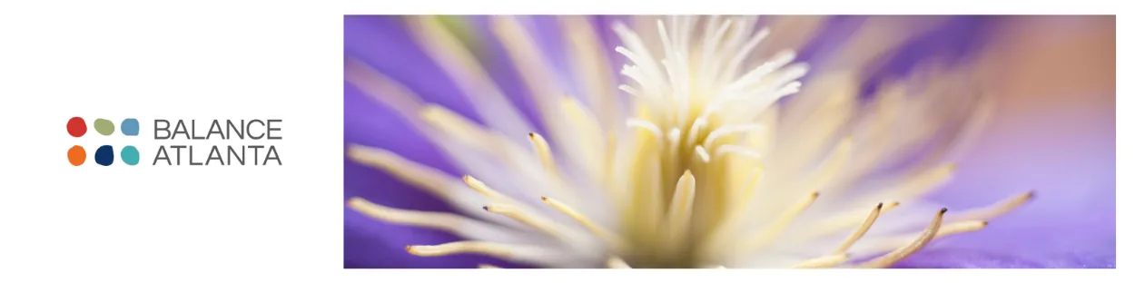 Balance Atlanta logo at left beside a macro close-up of a purple flower's yellow-and-white center.