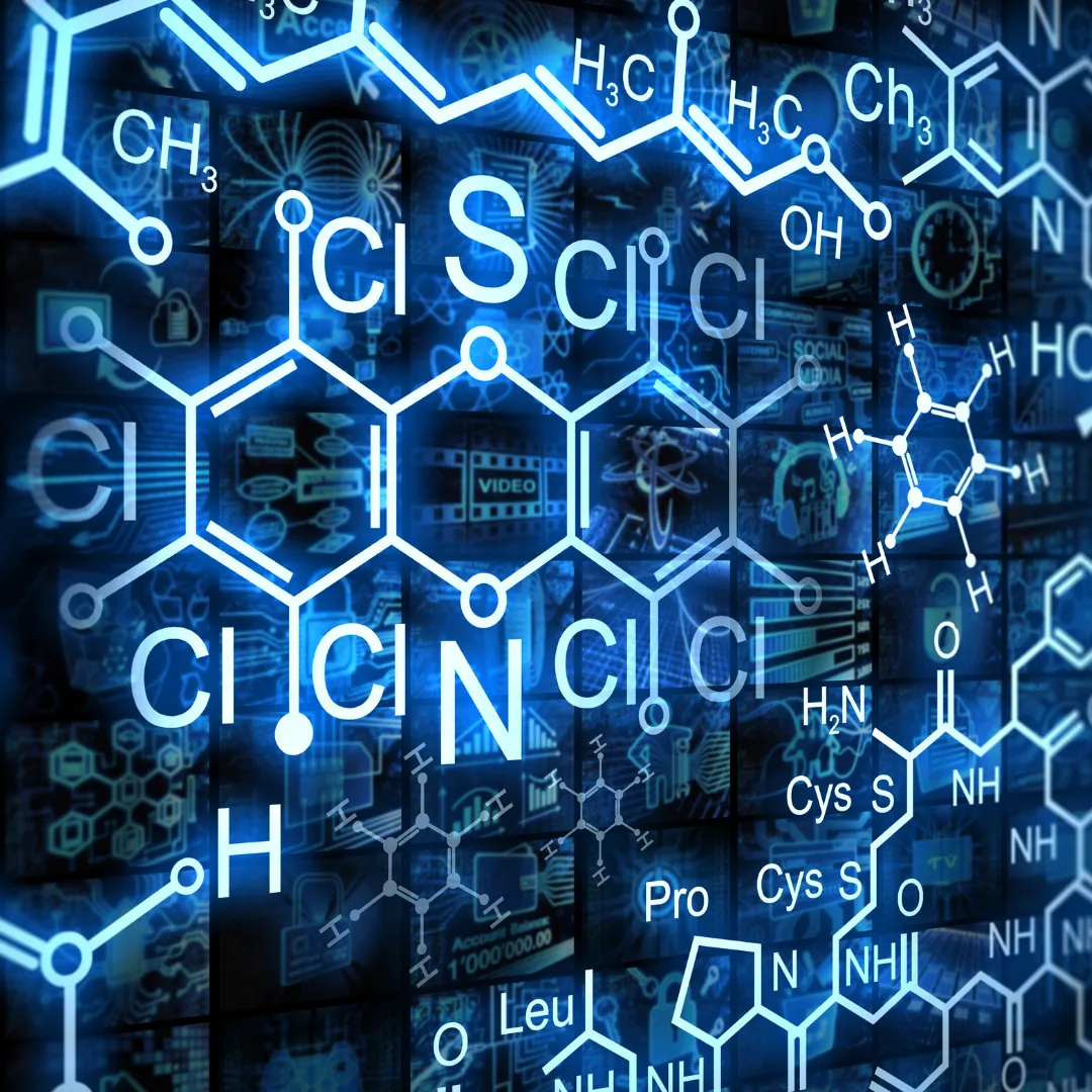 Chemical structure diagrams and molecular formulas in glowing blue over a tiled digital background.