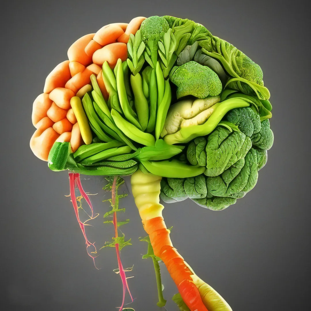Brain-shaped arrangement of leafy greens and other vegetables with a carrot-like stem and root-like tendrils extending downward.