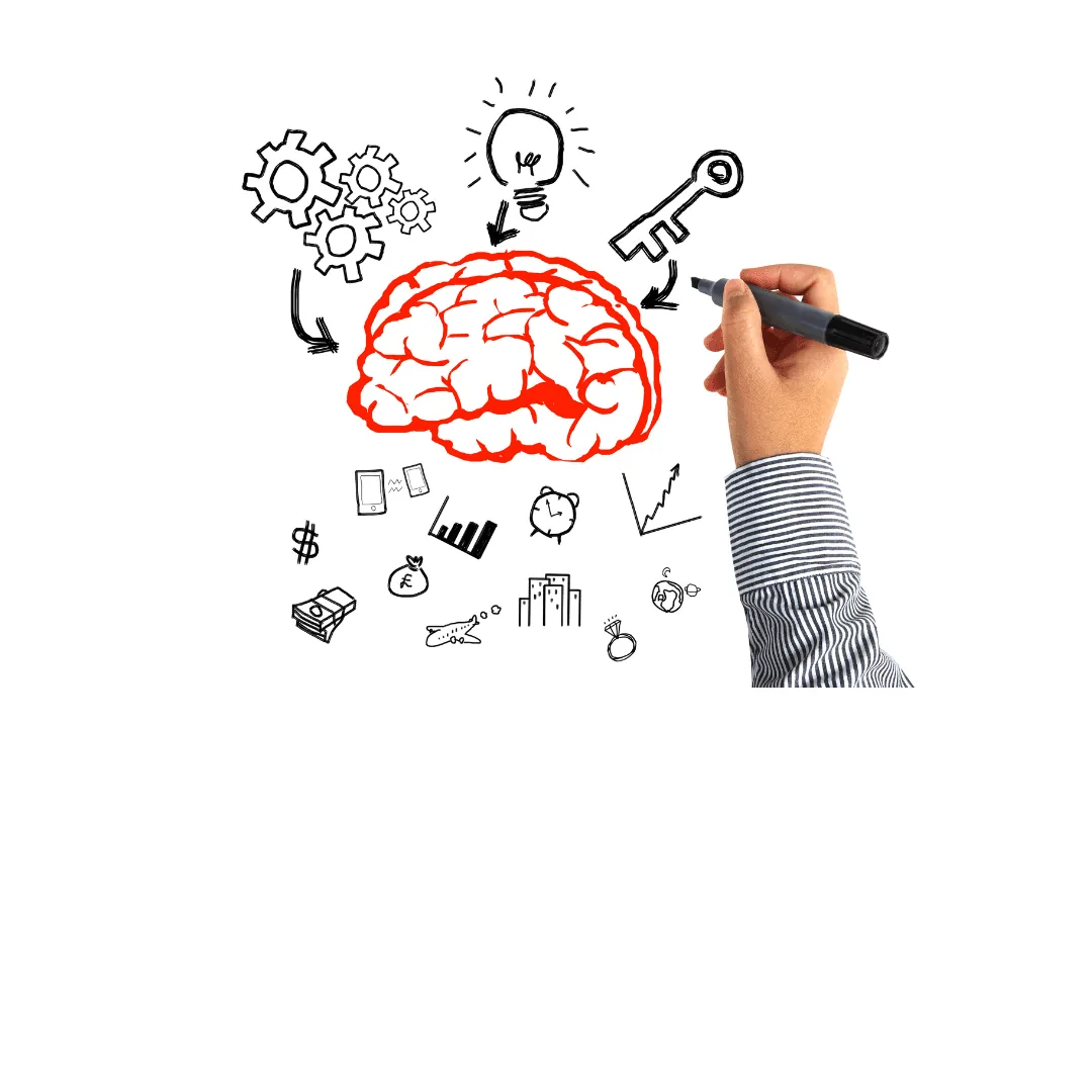 Hand drawing a red brain sketch surrounded by doodle icons: lightbulb, gears, key, money stack, charts, and buildings.