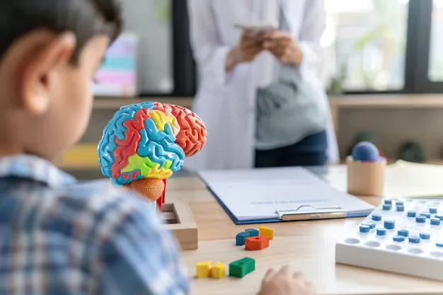 Child at a desk with a colorful anatomical brain model while a clinician writes notes on a clipboard during an assessment.