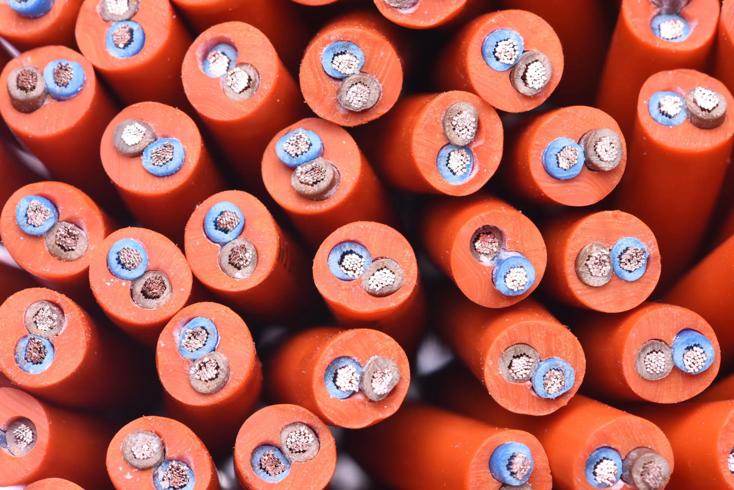Close-up of cut orange electrical cables showing blue and brown insulated cores and exposed copper conductor strands.