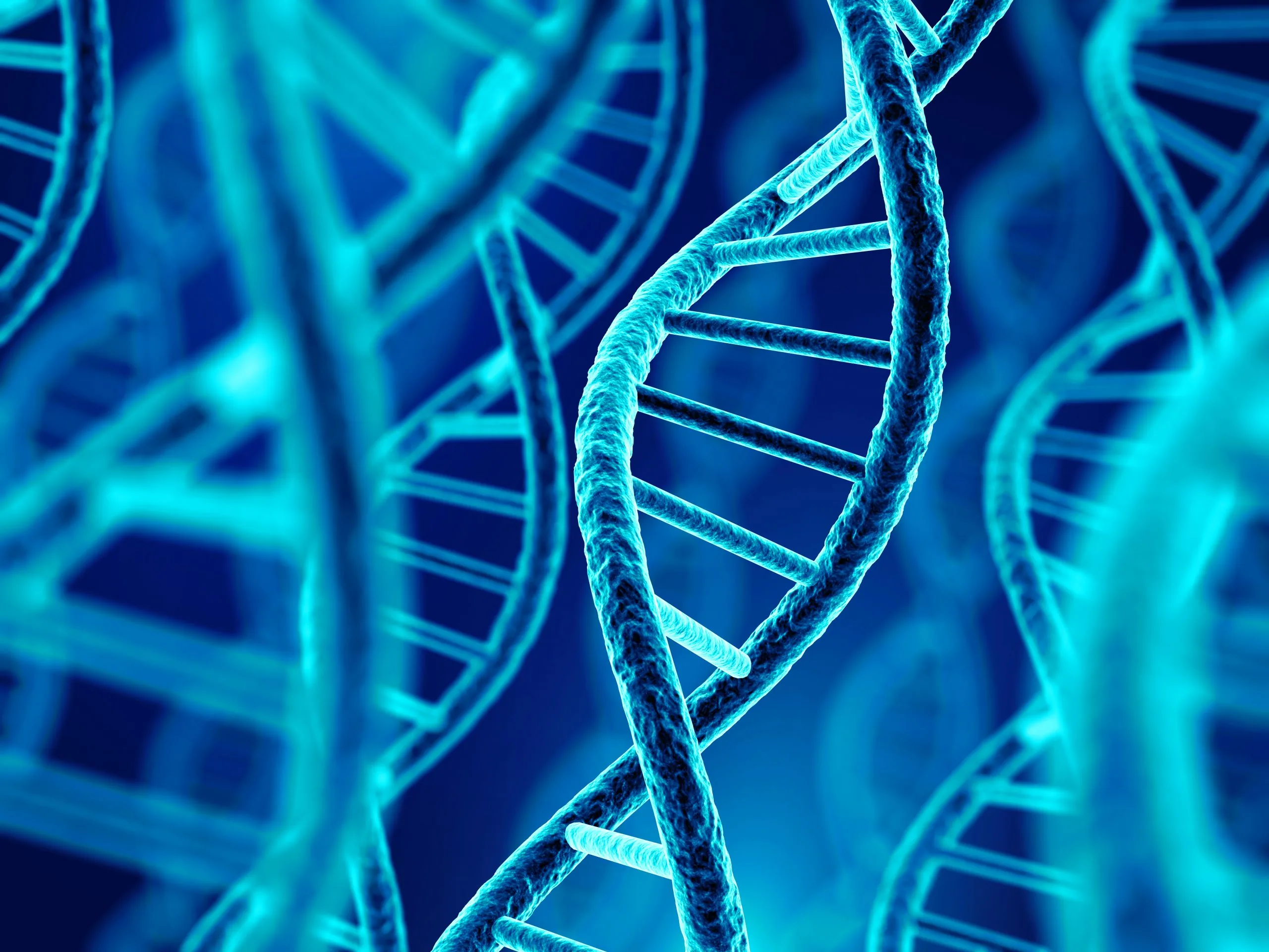 Glowing blue 3D DNA double helix strands against a dark blue background