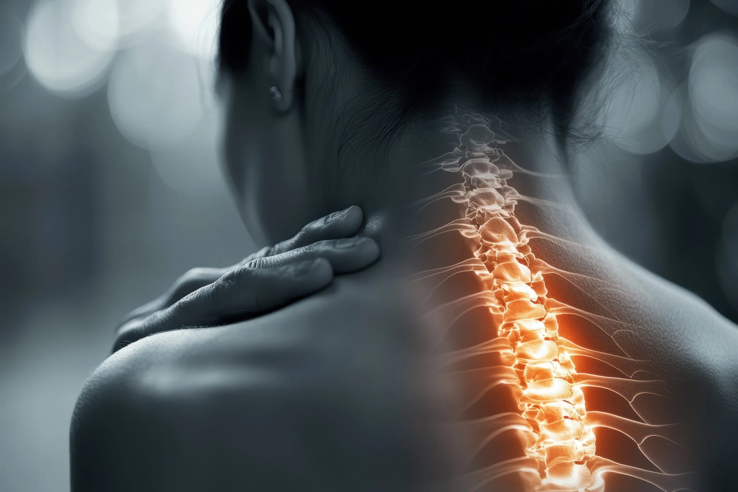 Hand resting on the back of the neck with an orange glowing cervical spine overlay showing nerve irritation and neck pain related to diabetic neuropathy
