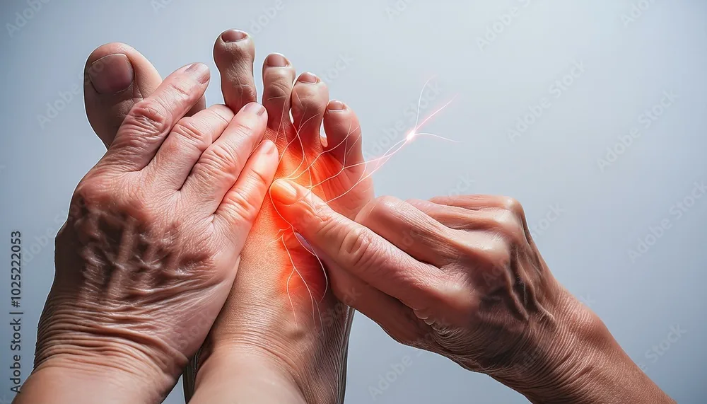 Hands pressing a foot with a red glowing area and stylized nerve lines illustrating neuropathic pain in the toes.