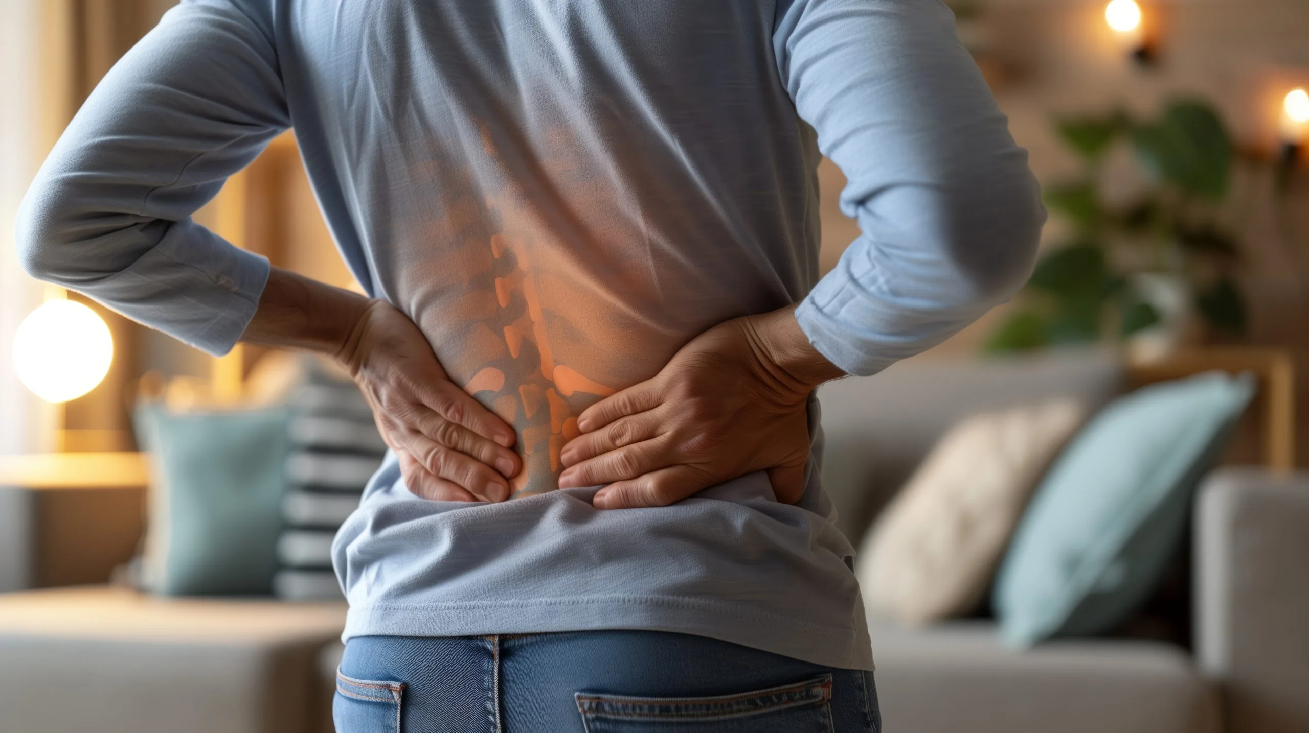 Person seen from behind holding their lower back with both hands, lumbar spine highlighted to indicate disc-related lower back pain