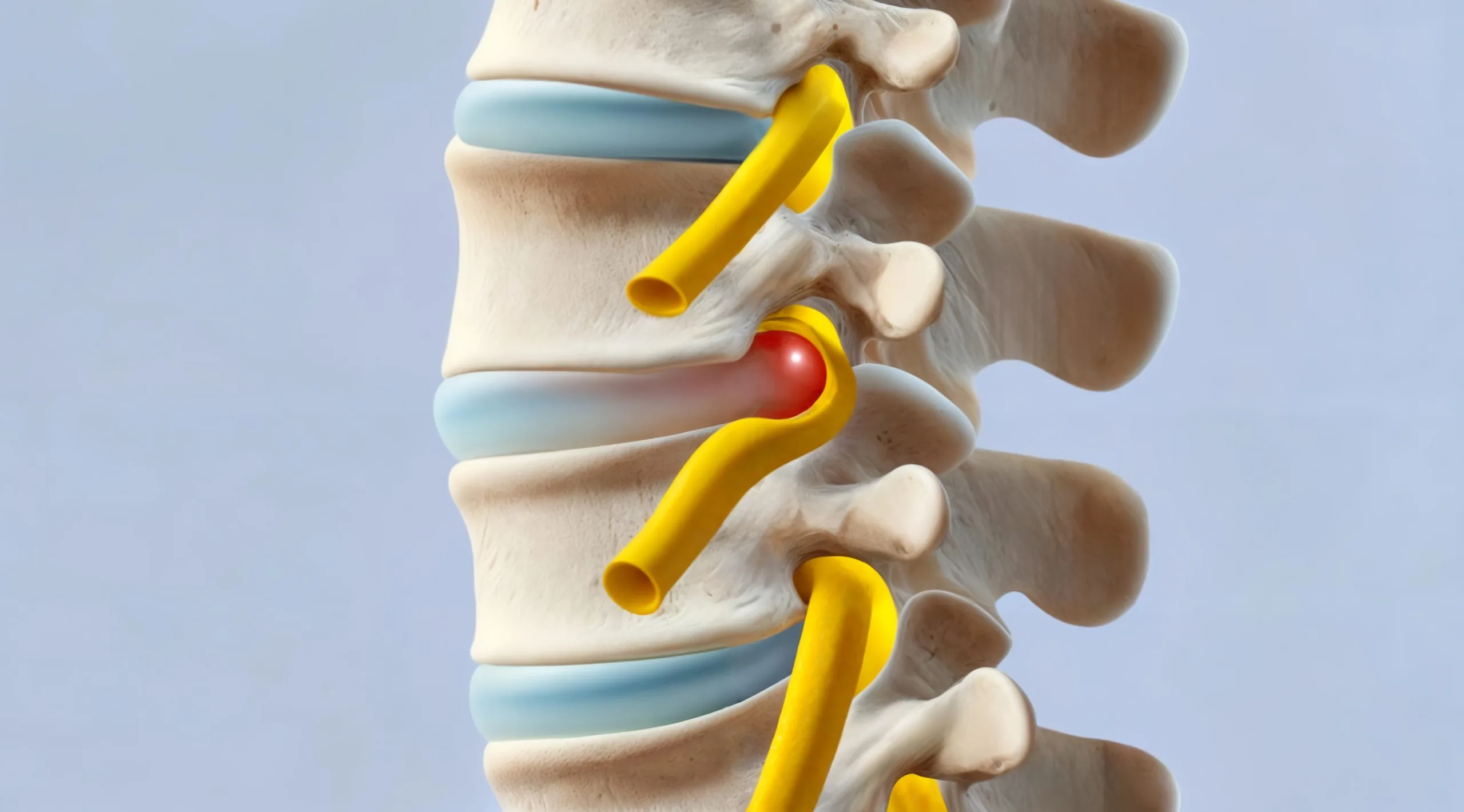 Medical illustration of a herniated spinal disc bulging and pressing on a yellow spinal nerve