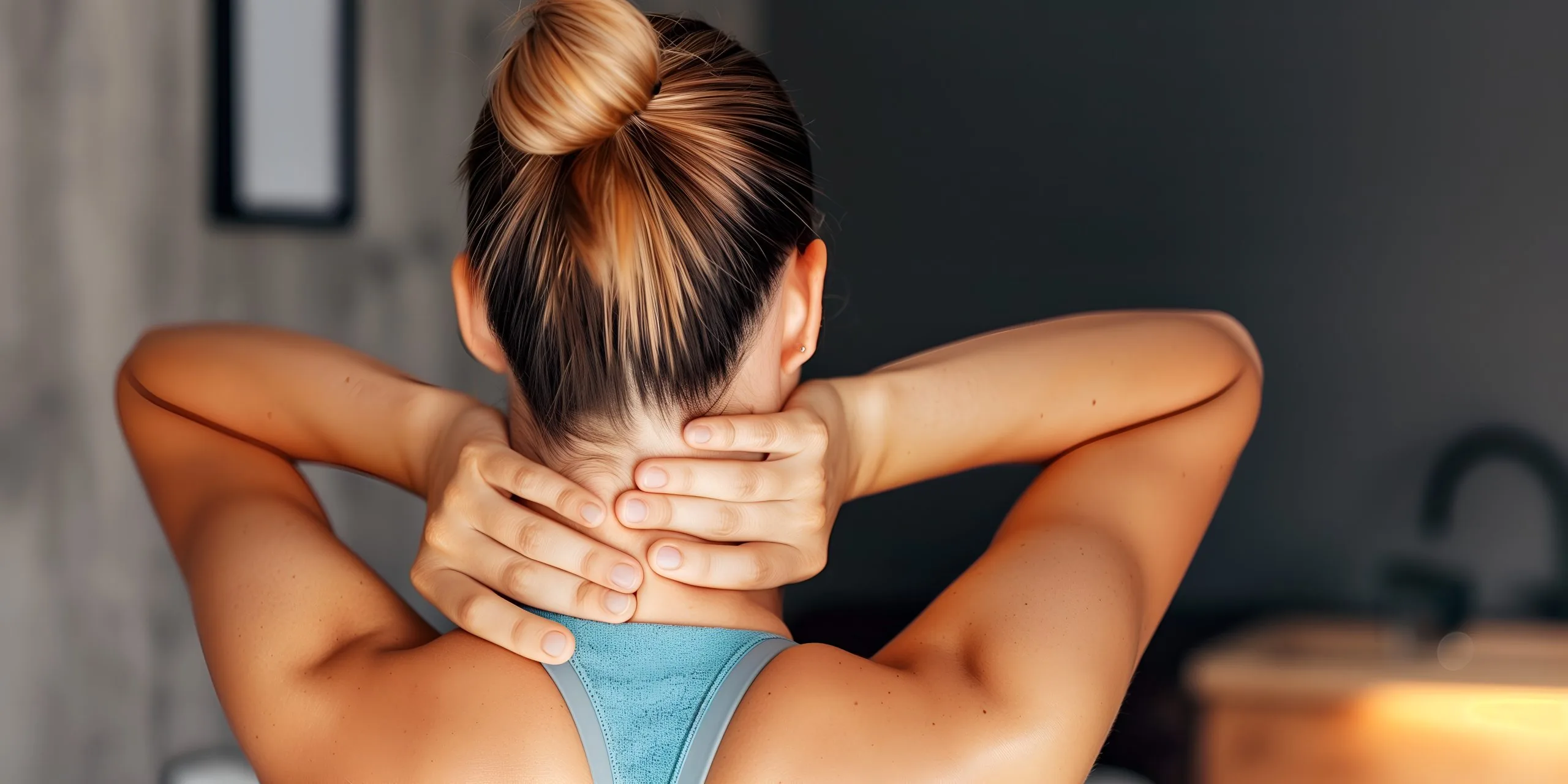 Rear view of a person in a blue athletic top holding the back of their neck with both hands, a pose commonly used to show cervical disc herniation and neck pain.