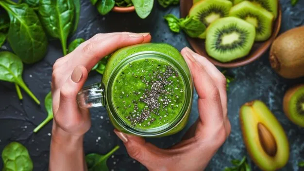 Hands holding a jar of green smoothie topped with chia seeds, surrounded by spinach leaves, sliced kiwi, and avocado on a dark surface.