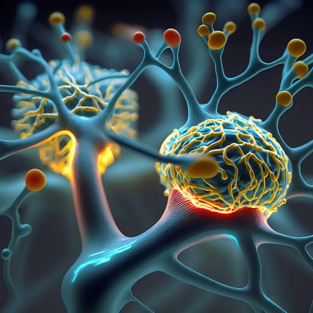 Close-up 3D illustration of interconnected neurons with glowing synapses and branching dendrites.