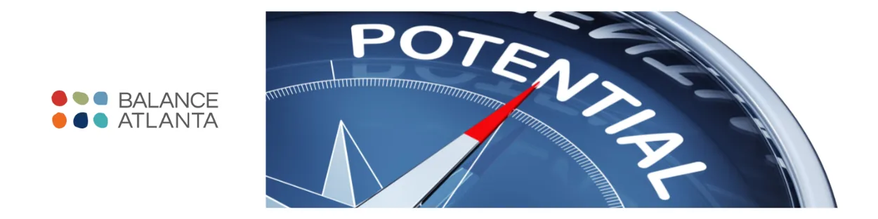 Balance Atlanta logo next to a blue compass with a red needle pointing to the word "POTENTIAL".