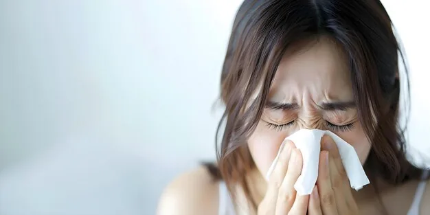 Woman pressing a tissue to her nose with eyes closed while sneezing, illustrating common allergy symptoms
