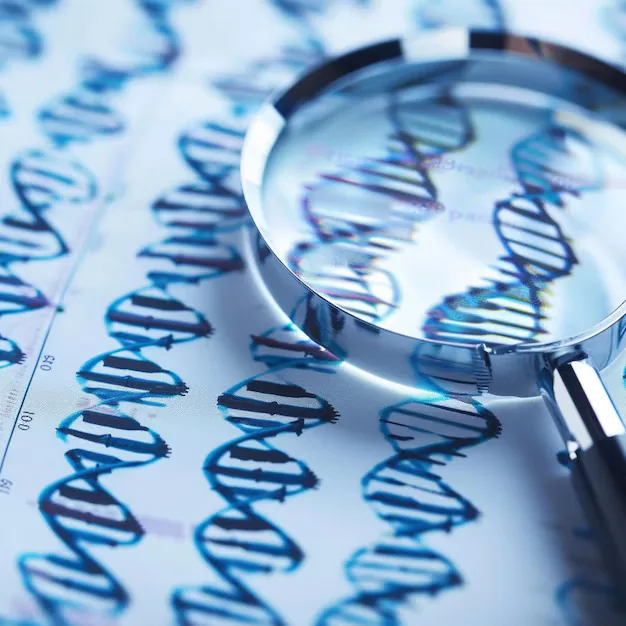 Magnifying glass over printed DNA strands and charts, illustrating genetic analysis for functional medicine evaluation of anxiety and depression.