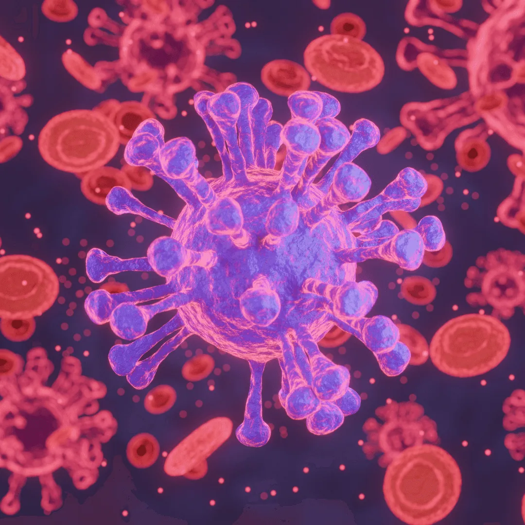 Close-up medical illustration of a virus-like particle among red blood cells, symbolic of immune triggers in autoimmune disease.