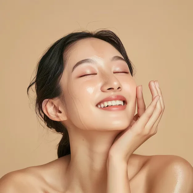 Young woman with eyes closed smiling gently, hand resting on her cheek as warm sunlight falls across her face and shoulders.