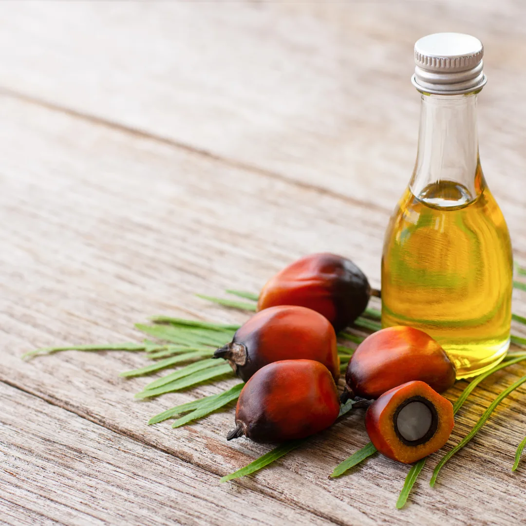 Bottle of golden palm oil next to fresh red palm fruits and green leaflets on a wooden surface