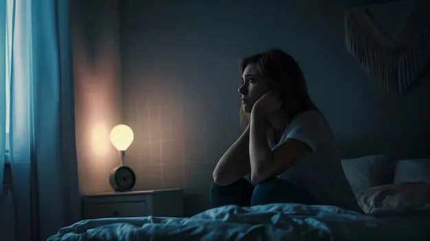 Woman sitting on the edge of a bed at night, awake and looking toward a window with a lit bedside lamp