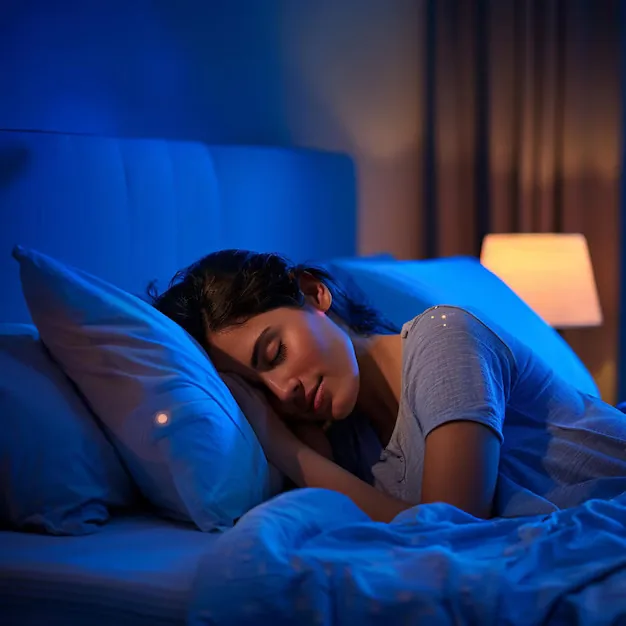 Woman sleeping on her side in a dim bedroom with blue ambient light and a glowing bedside lamp