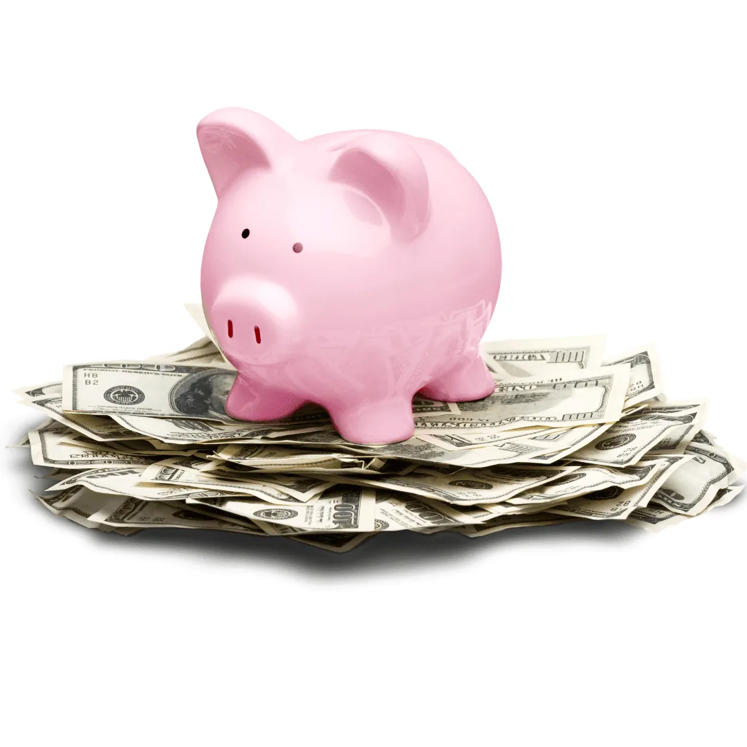 pink piggy bank sitting on a pile of US dollar bills