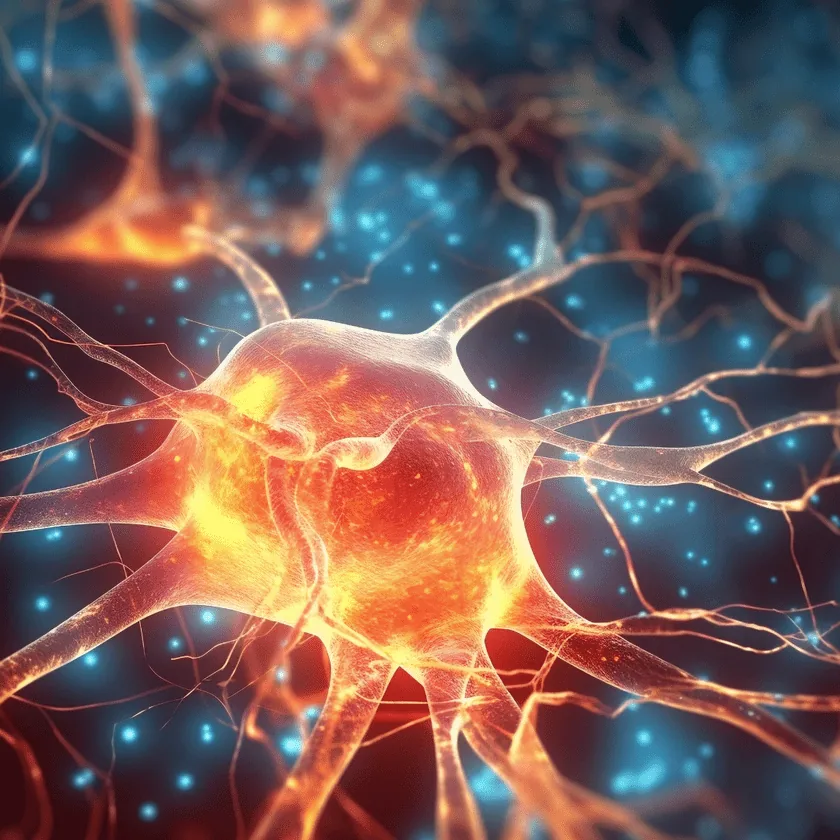 Glowing neuron with branching dendrites and bright synaptic activity against a dark background