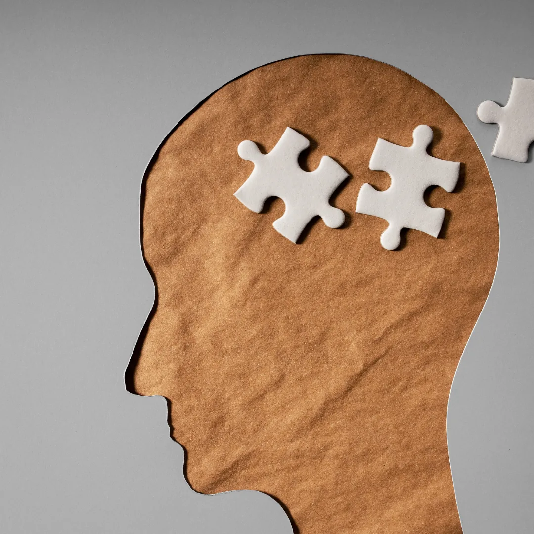 Brown paper silhouette of a human head with two white puzzle pieces inside and one piece outside.