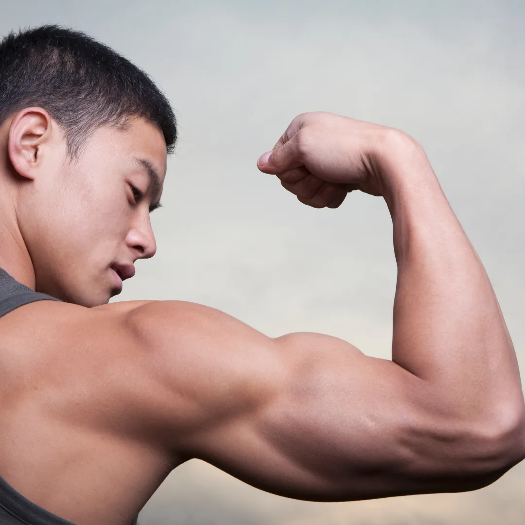 Person flexing bicep, showing upper arm and forearm muscles.