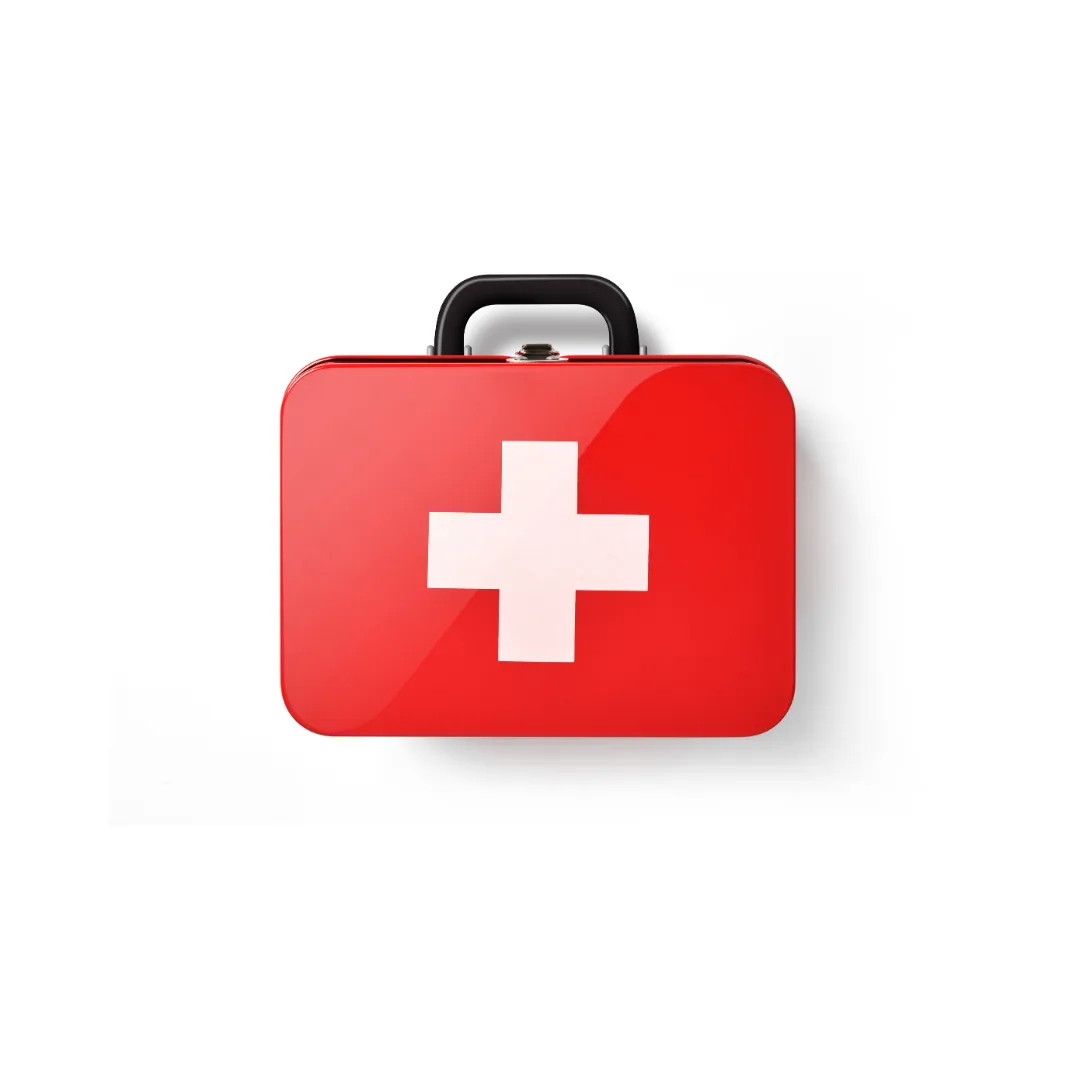 Red first aid kit with a white medical cross on a white background