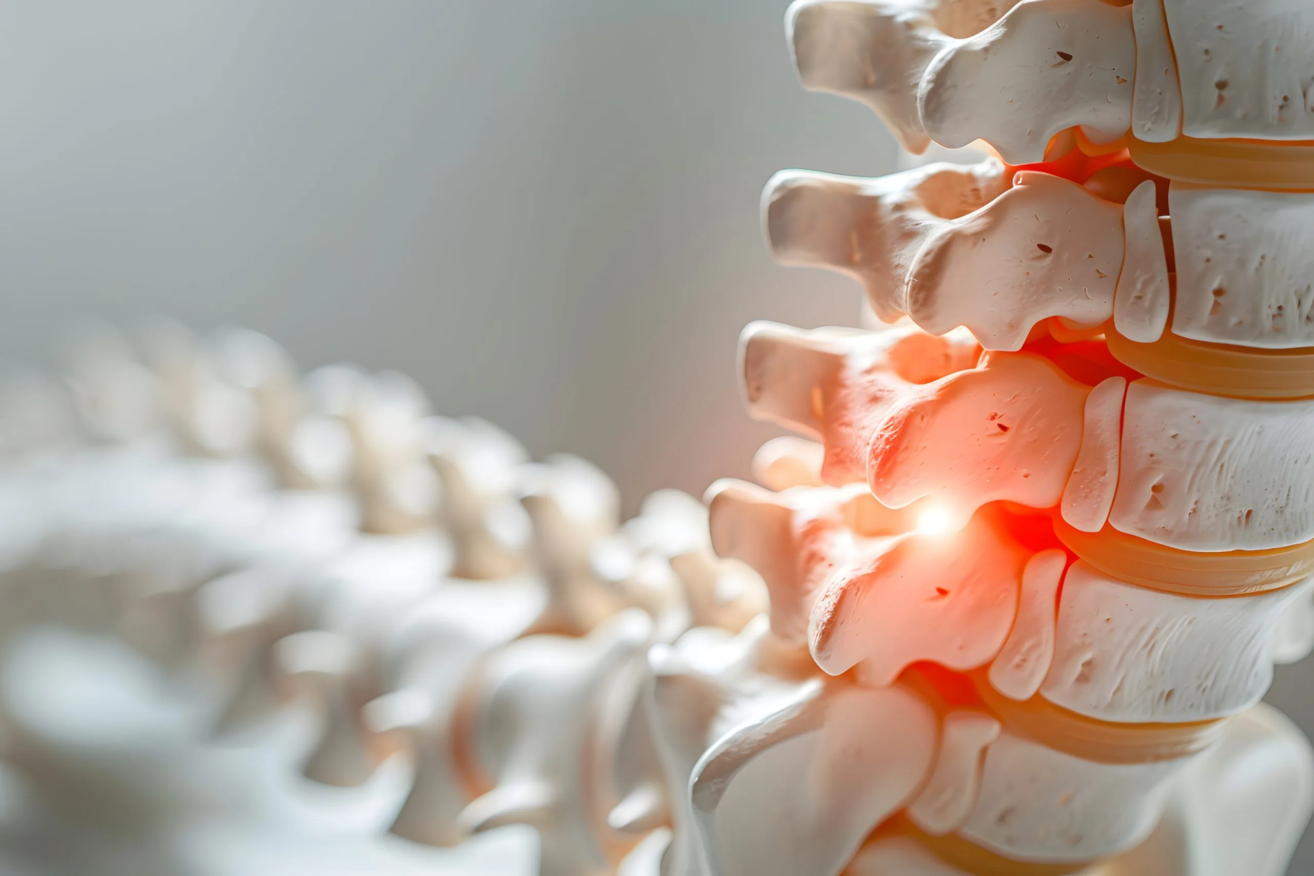 Close-up medical illustration of spinal vertebrae and intervertebral discs with a red highlight showing an area of compression.