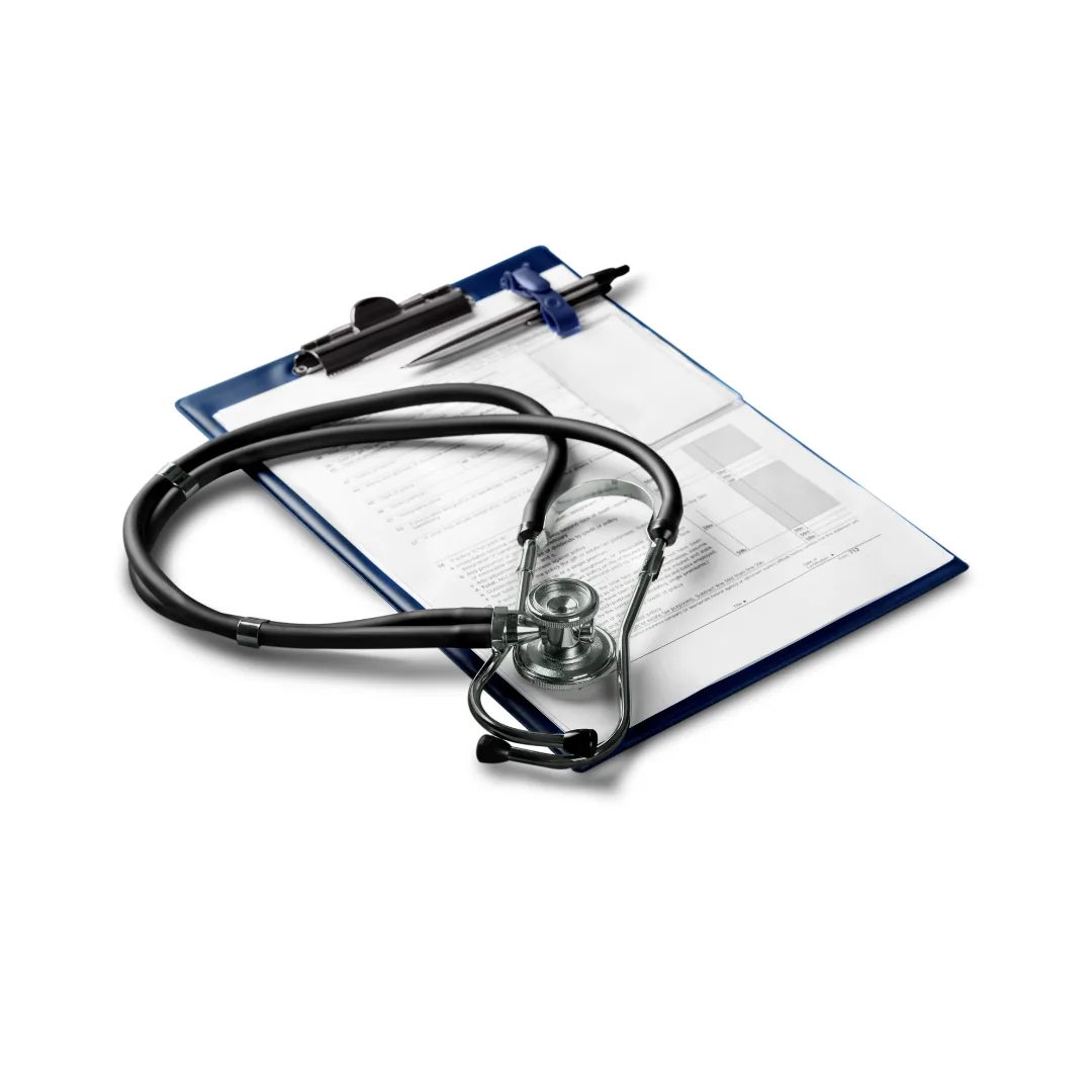 Stethoscope resting on a clipboard with medical forms and a pen