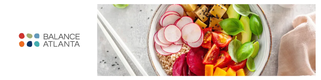 Bowl of quinoa topped with sliced radishes, cherry tomatoes, diced sweet potato and basil, shown beside the Balance Atlanta logo.