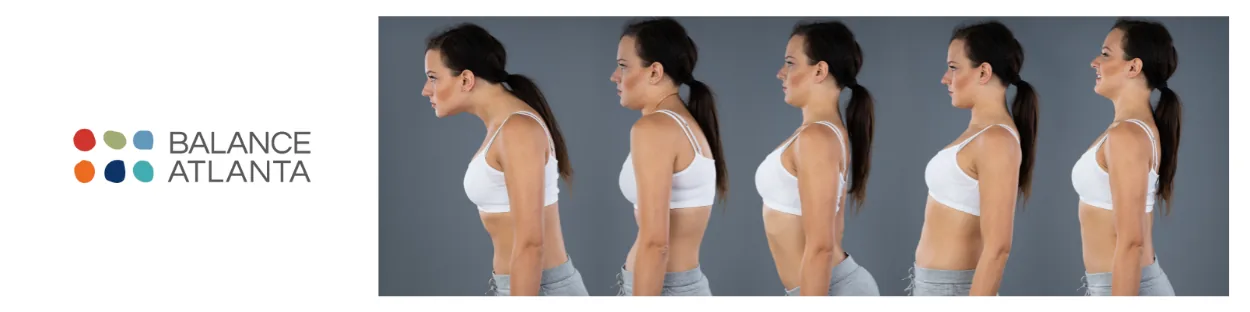 Side-view sequence showing a woman moving from slouched to upright posture, with the Balance Atlanta logo at left.